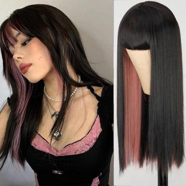 Half Pink and Black Two Tone Long Straight Ombre Hair Wigs - Haeska